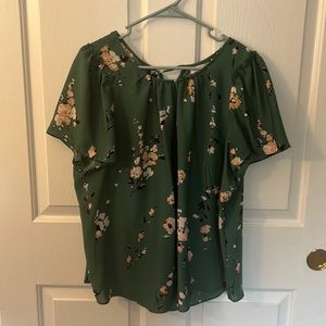 LC Lauren Conrad Green floral blouse with tie neck
